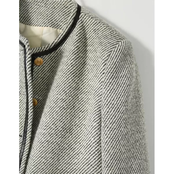 chouyatou Womens Vintage Striped Collarless Tweed Jacket Button Down Business Casual Cropped Blazer JacketBlack Gray