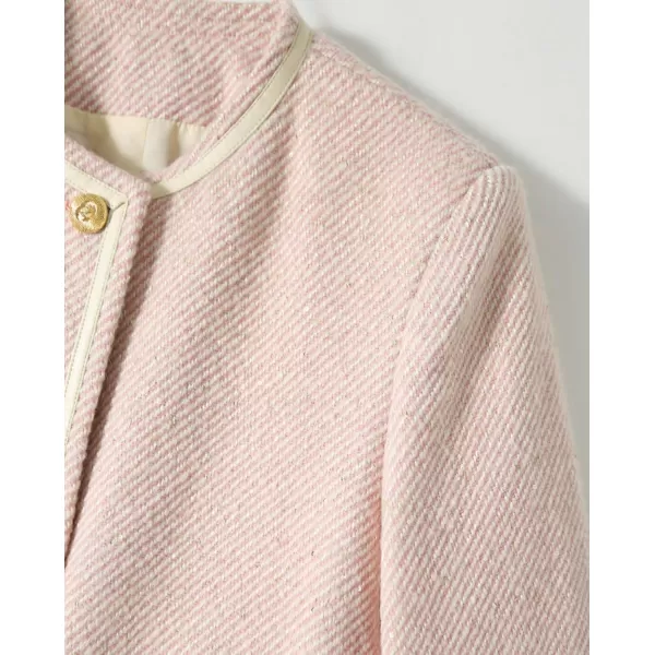 chouyatou Womens Vintage Striped Collarless Tweed Jacket Button Down Business Casual Cropped Blazer JacketPink
