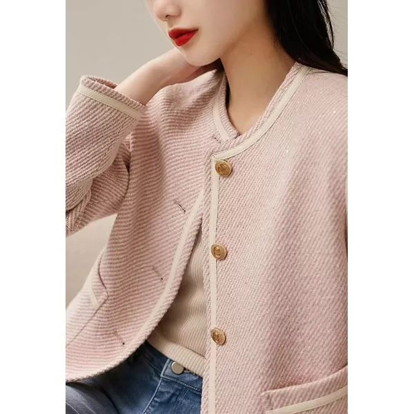 chouyatou Womens Vintage Striped Collarless Tweed Jacket Button Down Business Casual Cropped Blazer JacketPink