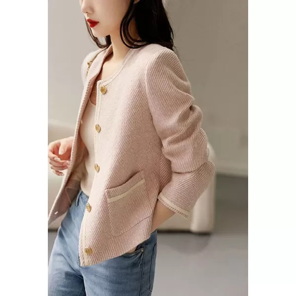 chouyatou Womens Vintage Striped Collarless Tweed Jacket Button Down Business Casual Cropped Blazer JacketPink