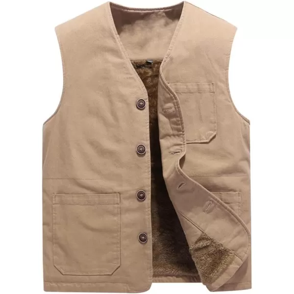 chouyatou Mens Casual Outdoor ThinFleece Lined Fishing Cotton Vest JacketThick Khaki