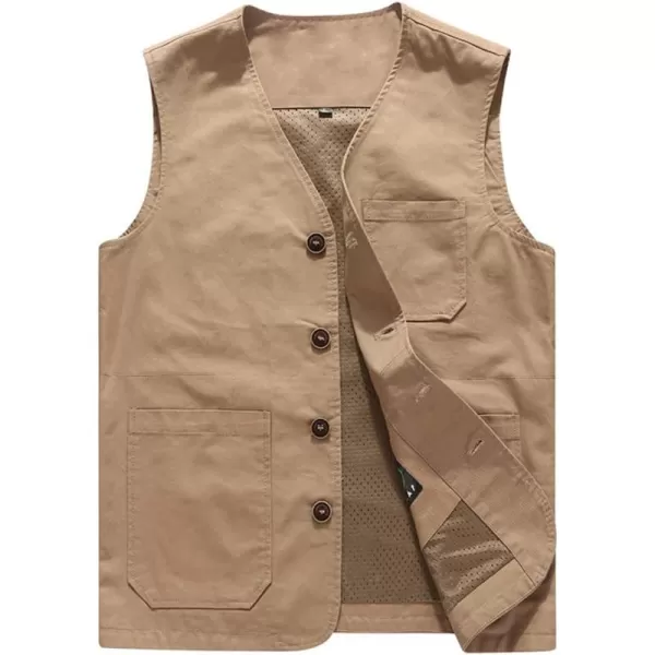 chouyatou Mens Casual Outdoor ThinFleece Lined Fishing Cotton Vest JacketThin Khaki