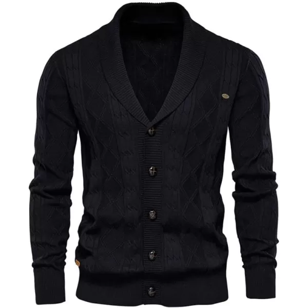chouyatou Mens Classic Cable Knitted Button Down Shawl Collar Cardigan SweatersBlack