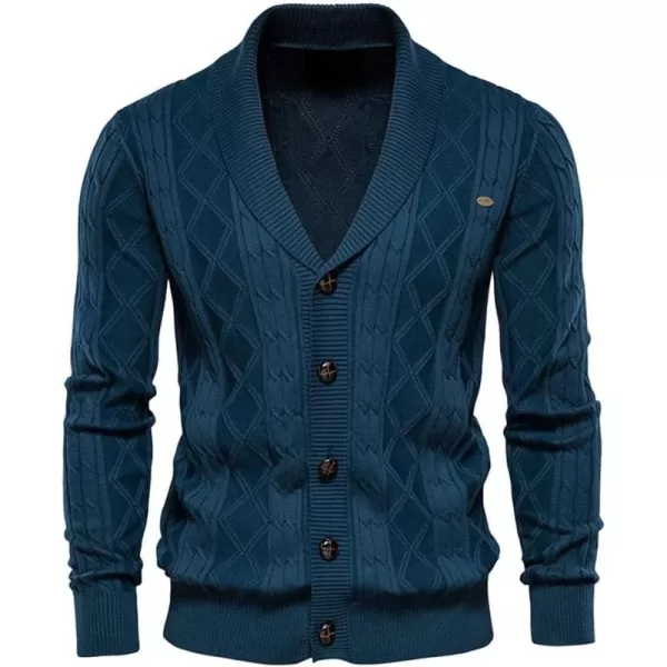 chouyatou Mens Classic Cable Knitted Button Down Shawl Collar Cardigan SweatersBlue