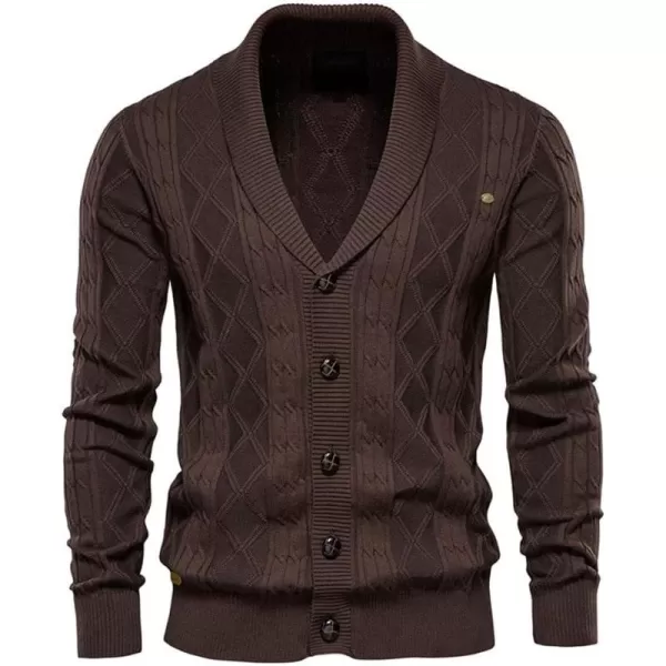 chouyatou Mens Classic Cable Knitted Button Down Shawl Collar Cardigan SweatersDark Brown