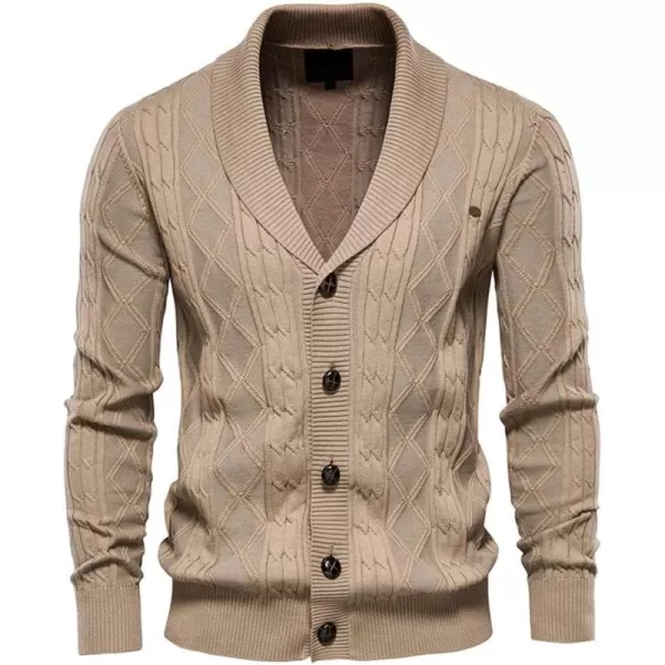 chouyatou Mens Classic Cable Knitted Button Down Shawl Collar Cardigan SweatersKhaki