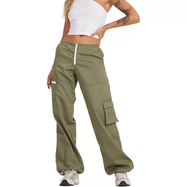 chouyatou Womens Baggy Cargo Parachute Pants Zip Up Wide Leg Y2K Trousers Sweatpants JoggersArmy Green