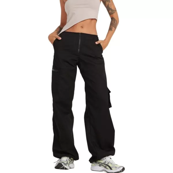 chouyatou Womens Baggy Cargo Parachute Pants Zip Up Wide Leg Y2K Trousers Sweatpants JoggersBlack