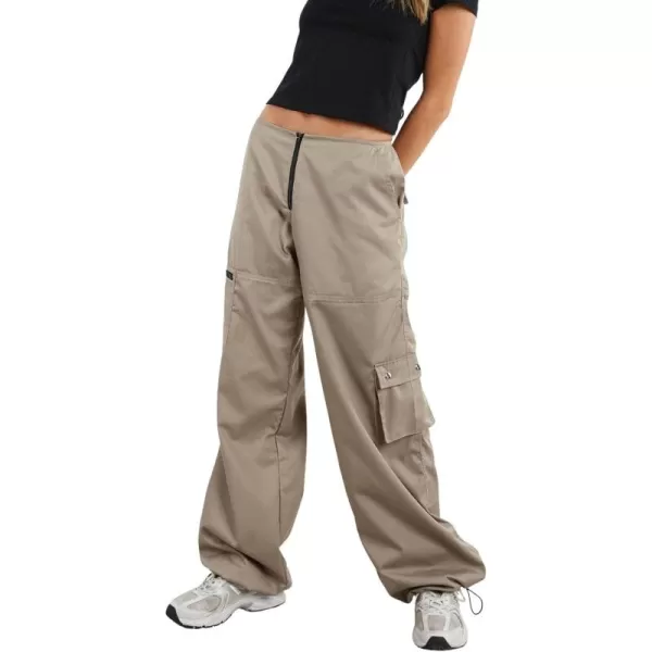 chouyatou Womens Baggy Cargo Parachute Pants Zip Up Wide Leg Y2K Trousers Sweatpants JoggersKhaki