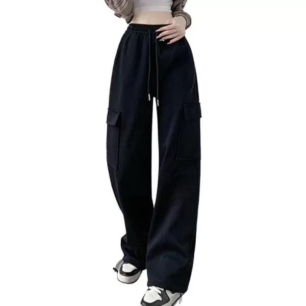 chouyatou Womens Baggy Cargo Sweatpants Casual Y2K High Waisted Wide Leg Jogger PantsBlack