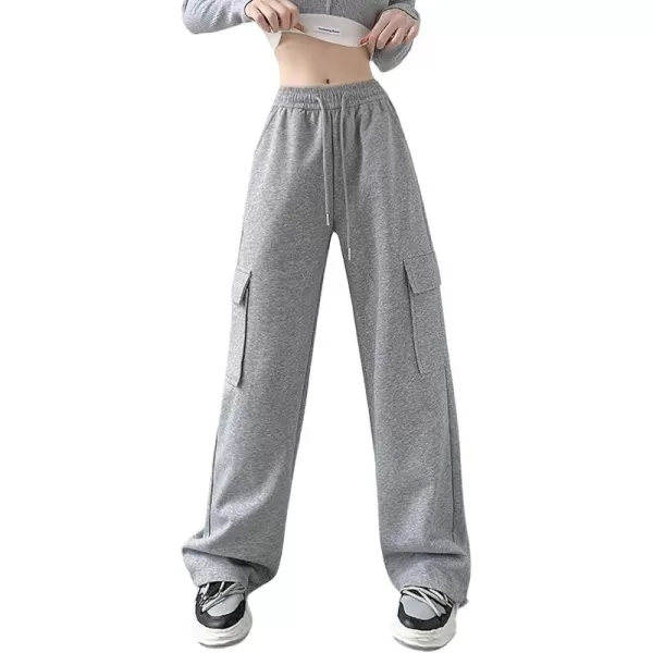 chouyatou Womens Baggy Cargo Sweatpants Casual Y2K High Waisted Wide Leg Jogger PantsGrey