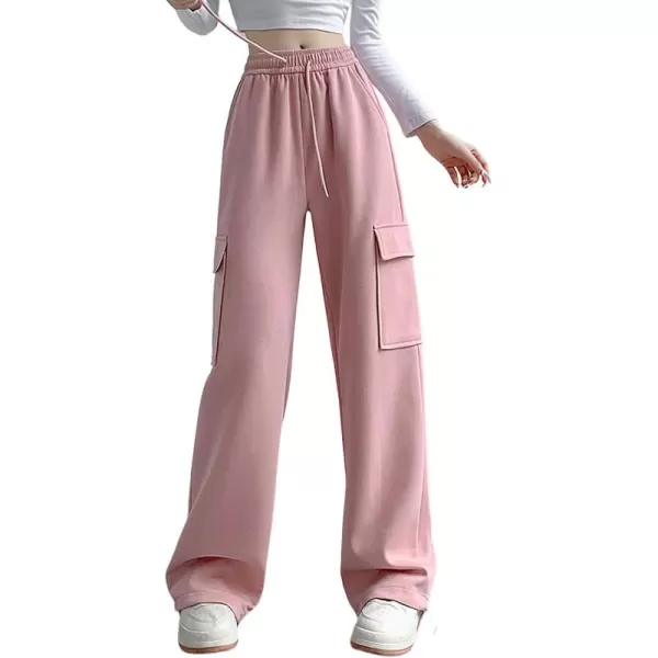 chouyatou Womens Baggy Cargo Sweatpants Casual Y2K High Waisted Wide Leg Jogger PantsPink