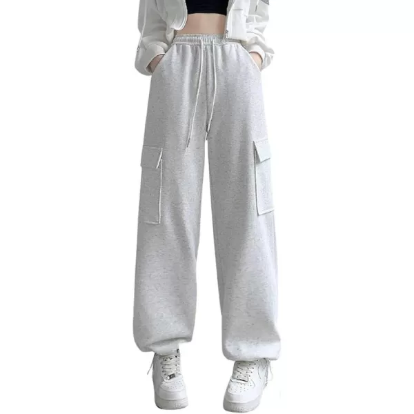 chouyatou Womens Baggy Cargo Sweatpants Casual Y2K High Waisted Wide Leg Jogger PantsWhitish Grey