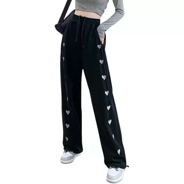 chouyatou Womens Baggy Y2k Heart Embroidery Elastic Waist Open Bottom Drawstring Palazzo Pant SweatpantsBlack