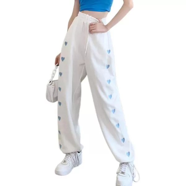 chouyatou Womens Baggy Y2k Heart Embroidery Elastic Waist Open Bottom Drawstring Palazzo Pant SweatpantsWhite