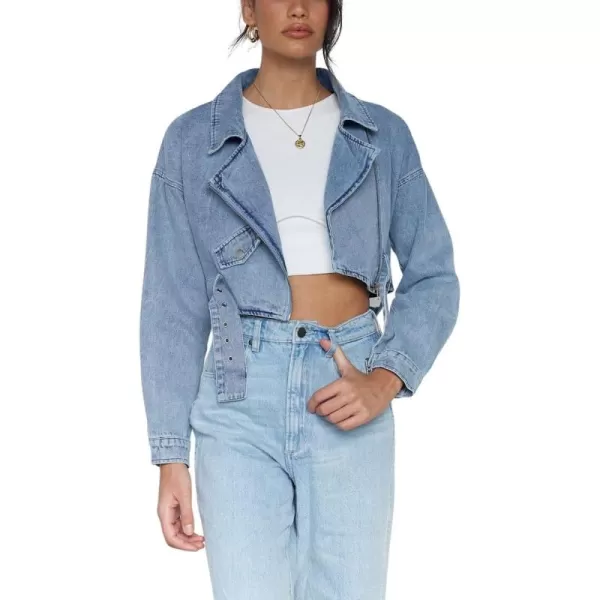 chouyatou Womens Boyfriend Jean Shakcet Jacket Zipper Belted Moto Denim Blazer JacketBlue