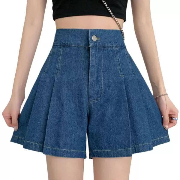 chouyatou Womens Casual High Elastic Waisted Wide Leg Flared A Line Pleated Denim Jean Shorts with PocketsDark Blue