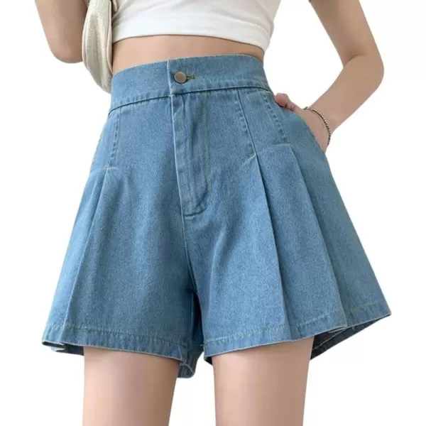 chouyatou Womens Casual High Elastic Waisted Wide Leg Flared A Line Pleated Denim Jean Shorts with PocketsLight Blue