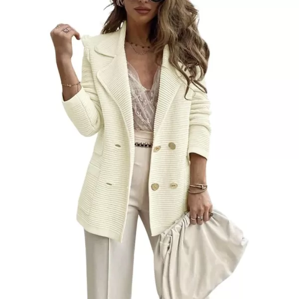 chouyatou Womens Casual Notched Lapel Double Breasted Large Pocket Ribbed Blazer JacketApricot