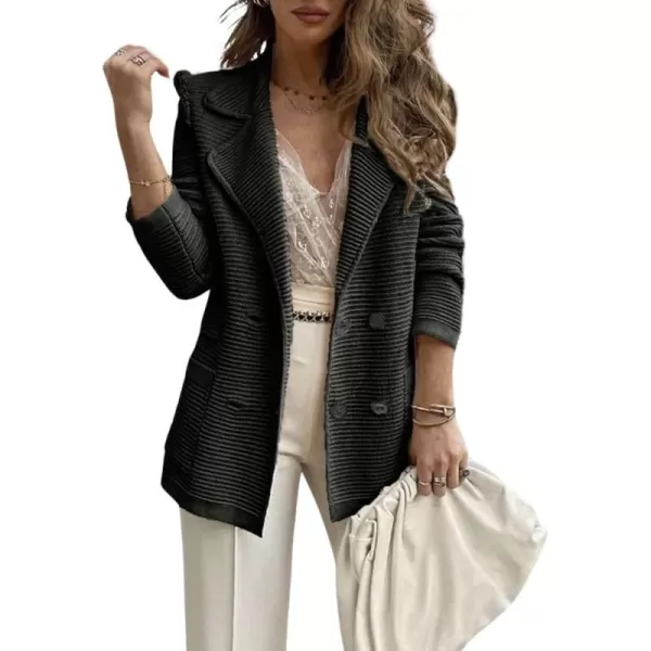 chouyatou Womens Casual Notched Lapel Double Breasted Large Pocket Ribbed Blazer JacketBlack