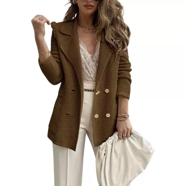 chouyatou Womens Casual Notched Lapel Double Breasted Large Pocket Ribbed Blazer JacketDark Brown