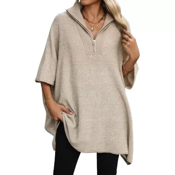 chouyatou Womens Casual Quarter Zip Pullover Sweaters VNeck Lapel Ribbed Knit Sweater Loose Slouchy Jumper TopsApricot