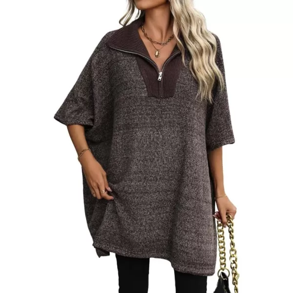 chouyatou Womens Casual Quarter Zip Pullover Sweaters VNeck Lapel Ribbed Knit Sweater Loose Slouchy Jumper TopsBrown