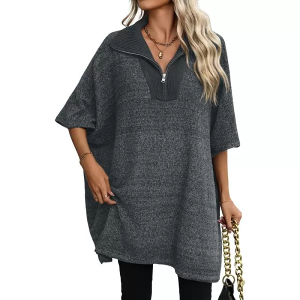 chouyatou Womens Casual Quarter Zip Pullover Sweaters VNeck Lapel Ribbed Knit Sweater Loose Slouchy Jumper TopsGrey