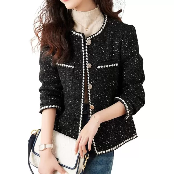 chouyatou Womens Elegant Business Casual Sparkle Sequin Tweed Blazer Jacket Open Front Short Suit TopBlack