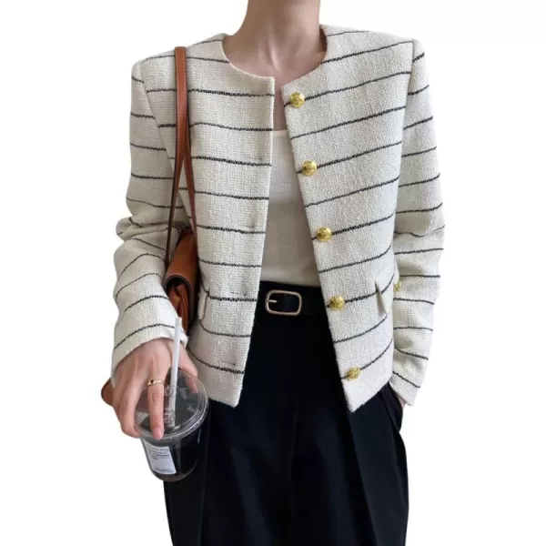 chouyatou Womens Elegant Business Casual Striped Tweed Blazer Cropped Jacket Open Front Short Suit TopBeige