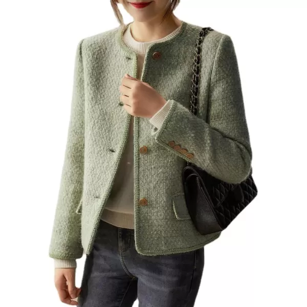 chouyatou Womens Fall Business Casual Button Down Tweed Blazer Jacket Collarless Dressy Jacket Office Work CoatGreen