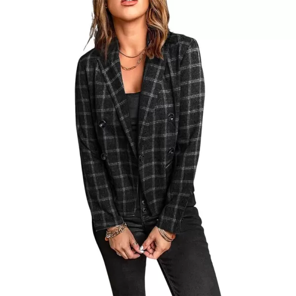 chouyatou Womens Fall Office Work Plaid Blazer Jacket Double Breasted Business Casual Blazer SuitBlack