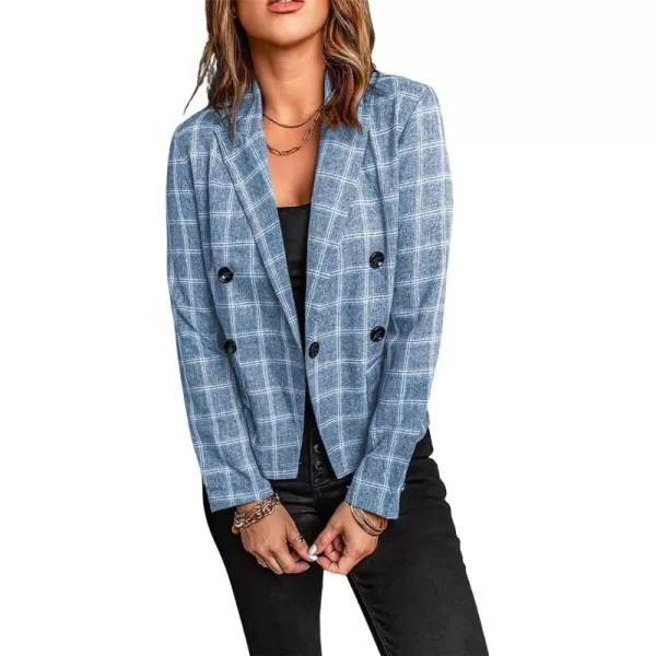 chouyatou Womens Fall Office Work Plaid Blazer Jacket Double Breasted Business Casual Blazer SuitBlue
