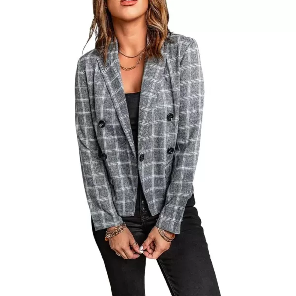 chouyatou Womens Fall Office Work Plaid Blazer Jacket Double Breasted Business Casual Blazer SuitGrey