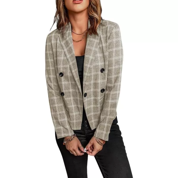 chouyatou Womens Fall Office Work Plaid Blazer Jacket Double Breasted Business Casual Blazer SuitKhaki