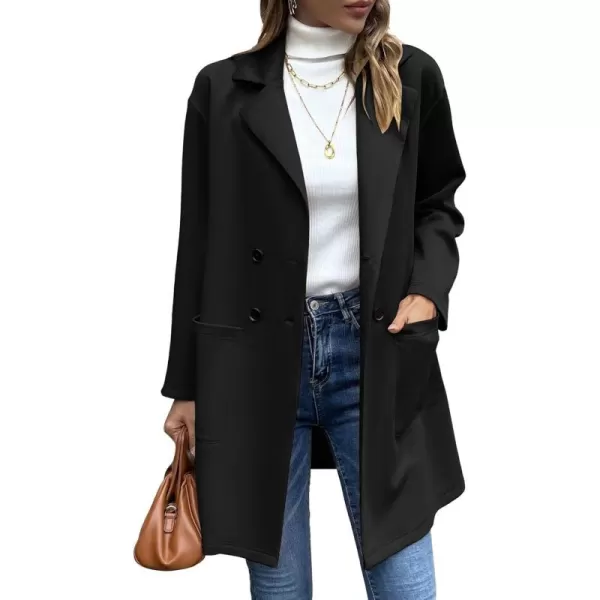 chouyatou Womens Notched Lapel Double Breasted Office Work Knit Blazer JacketBlack