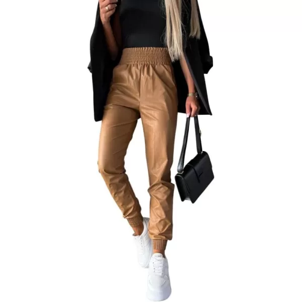 chouyatou Womens Smocked Waist Tapered Leg Pu Faux Leather Jogger Pants with PocketsCaramel