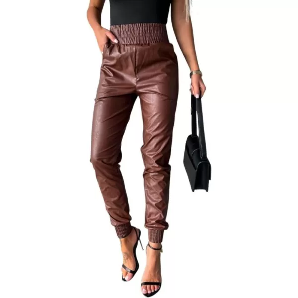 chouyatou Womens Smocked Waist Tapered Leg Pu Faux Leather Jogger Pants with PocketsDark Brown