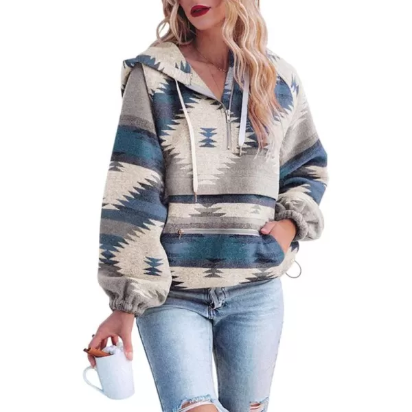 chouyatou Womens Tribal Aztec Print Hooded Half Zip Fuzzy Fleece Hoodie Sweatshirt TopsBlue
