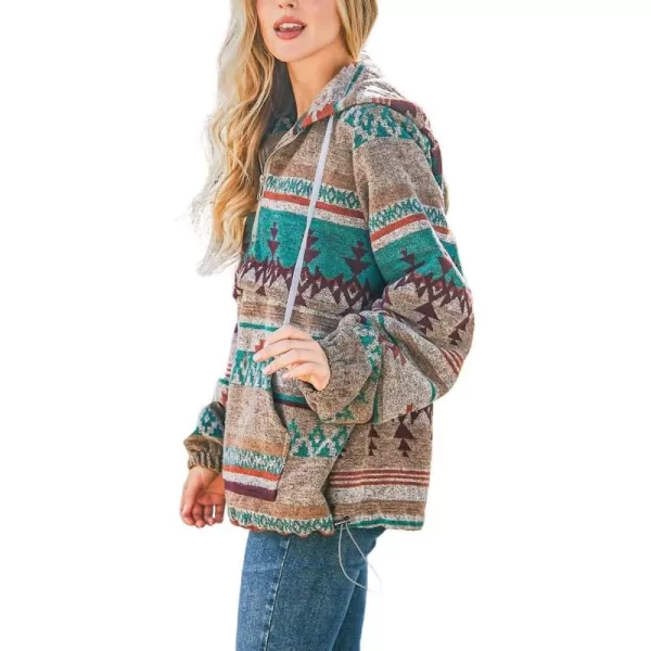 chouyatou Womens Tribal Aztec Print Hooded Half Zip Fuzzy Fleece Hoodie Sweatshirt TopsGreen