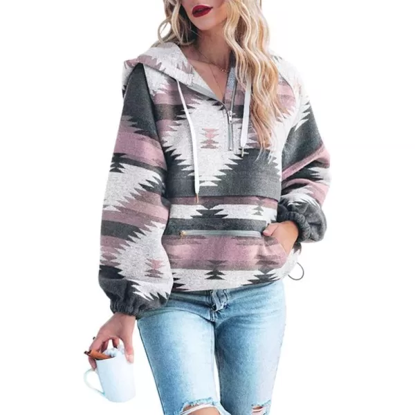 chouyatou Womens Tribal Aztec Print Hooded Half Zip Fuzzy Fleece Hoodie Sweatshirt TopsPink