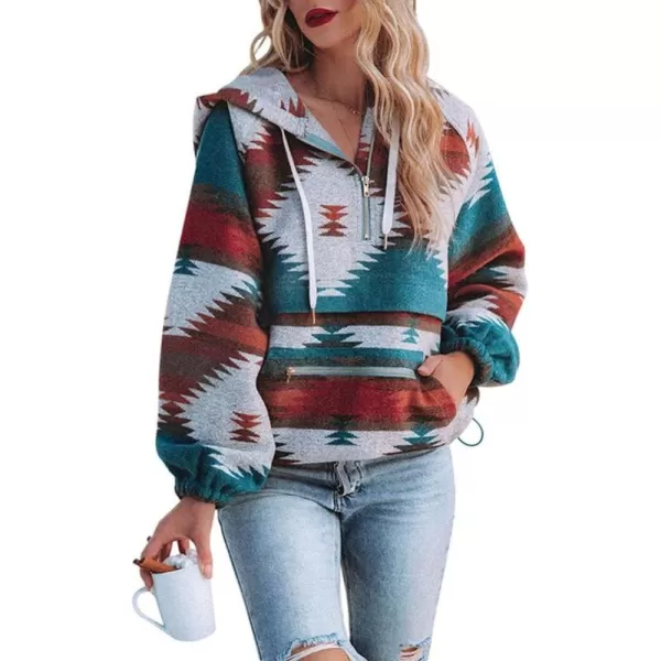 chouyatou Womens Tribal Aztec Print Hooded Half Zip Fuzzy Fleece Hoodie Sweatshirt TopsRed