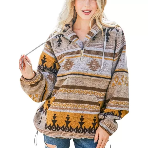 chouyatou Womens Tribal Aztec Print Hooded Half Zip Fuzzy Fleece Hoodie Sweatshirt TopsYellow