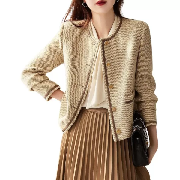chouyatou Womens Vintage Striped Collarless Tweed Jacket Button Down Business Casual Cropped Blazer JacketBeige Yellow