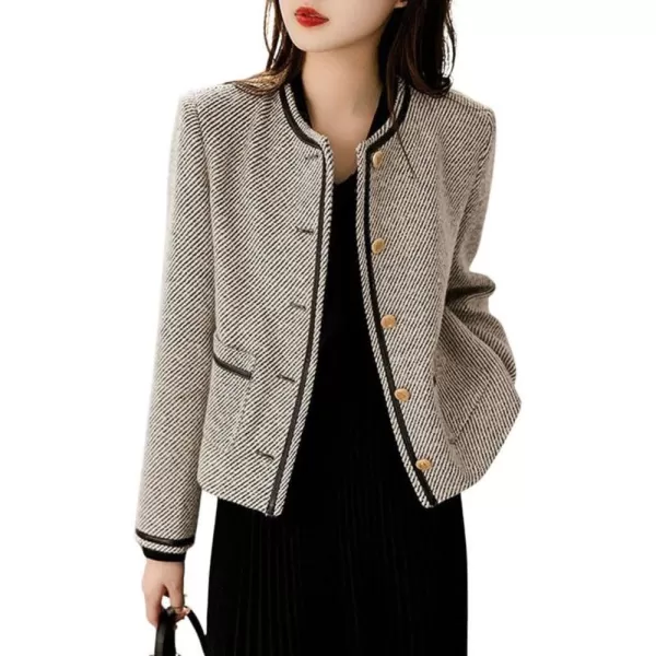 chouyatou Womens Vintage Striped Collarless Tweed Jacket Button Down Business Casual Cropped Blazer JacketBlack Gray