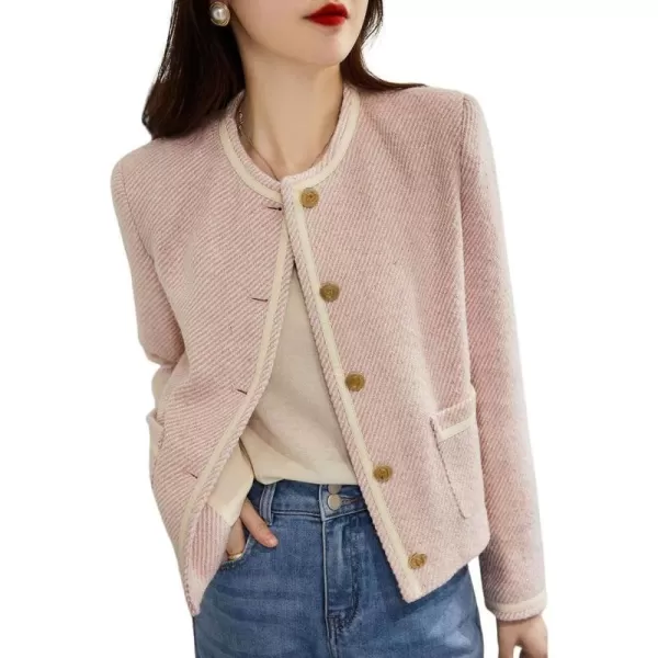 chouyatou Womens Vintage Striped Collarless Tweed Jacket Button Down Business Casual Cropped Blazer JacketPink