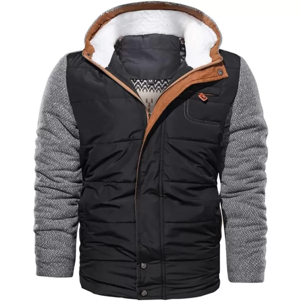 chouyatou Mens Thickened Hooded Zip Up Cotton Quilted Long Sleeve Winter Jacket Coat OuterwearBlack