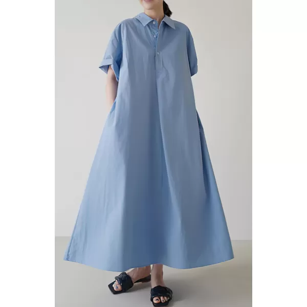 chouyatou Women Summer Short Sleeve Button Down Maxi Shirt Dress Tunic Shift Cotton Dress with PocketsBlue
