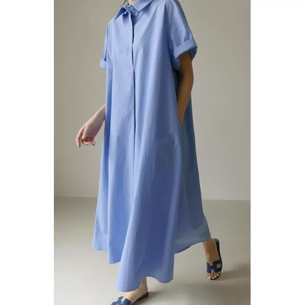 chouyatou Women Summer Short Sleeve Button Down Maxi Shirt Dress Tunic Shift Cotton Dress with PocketsBlue