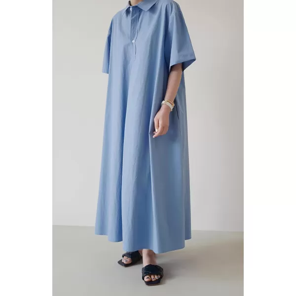 chouyatou Women Summer Short Sleeve Button Down Maxi Shirt Dress Tunic Shift Cotton Dress with PocketsBlue